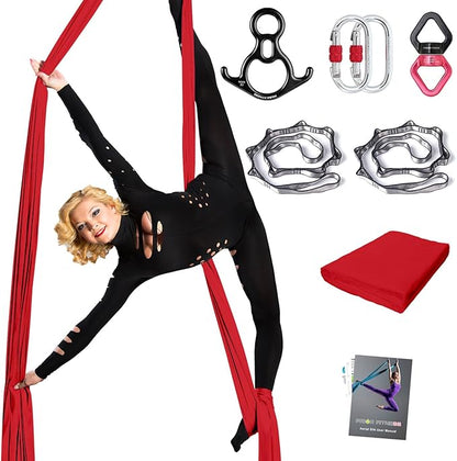 PRIOR FITNESS Aerial Silks Set, Professional Thicker Low Stretch Fabric 9/15/20 Yards Aerial Silk Swing Set with Hardware Guide, Yoga Starter Kit For Home, Aerial Yoga Hammock, Silks for Gymnastics, Antigravity Yoga, Inversion Exercise-All Levels