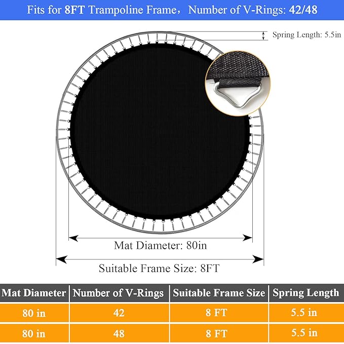 Trampoline Mat, Fits 8FT Frame, with 42/48 V-Rings and Spring Tool, Replacement Jumping Mat, Reinforce, UV-Resistant, Not Include Spring
