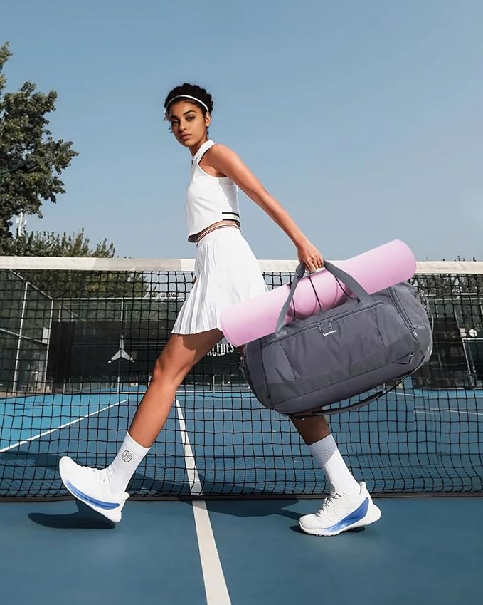 Sportsnew Gym Bag for Women with Shoe Compartment Wet Pocket and Yoga Mat Holder,Mens Duffel Bag for Travel with Laptop Compartment,Weekender Overnight Carry On Bag for Men(Grey Patent Pending)