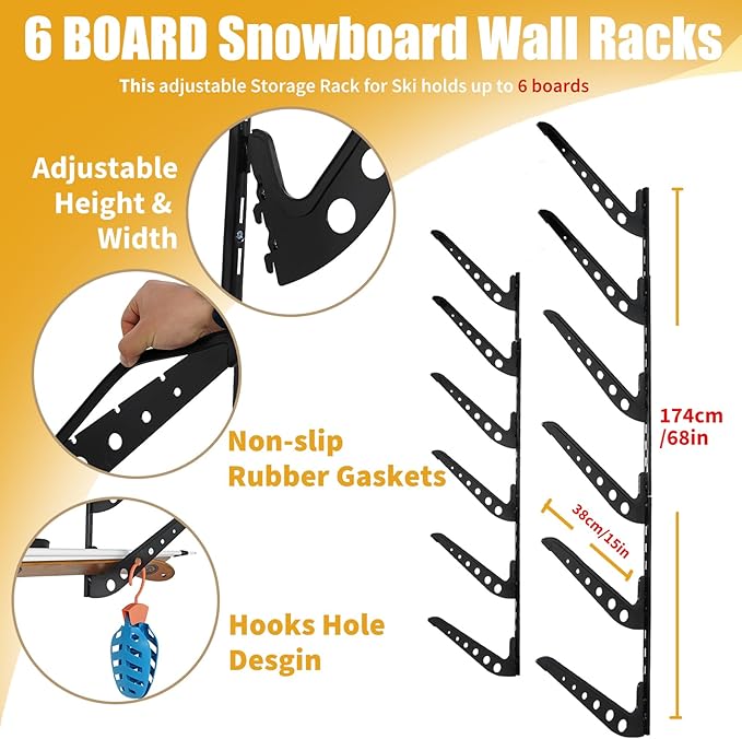 6 Board Snowboard Wall Racks, Adjustable Storage Rack for Ski, Surfboard, Wakeboard, Snowboard Wall Mount Display, Black