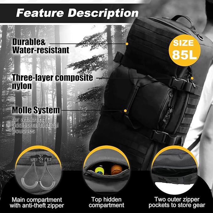 3 In 1 Tactical 85L Military Backpack Travel Duffle Bag for Weekender Gym Workout Deployment