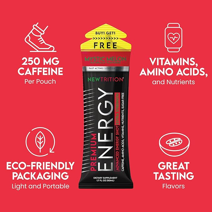 NewTrition® Extra Strength Energy Shots, 250mg Caffeine Energy Shots with Vitamin B & Amino Acids, Sugar-Free Vitamin Energy Shot, 1.7 fl oz (Pack of 6, Mystic Melon)