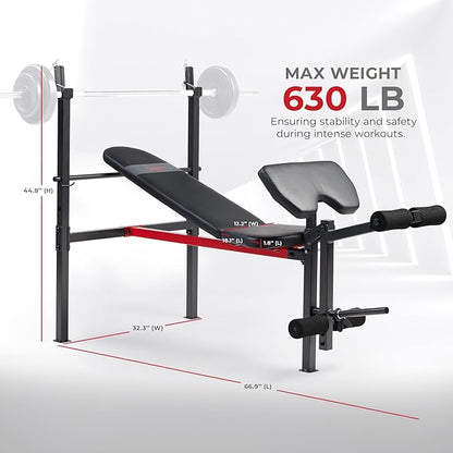 Sunny Health & Fitness Compact Premium Incline Bench Press Bar Rack Set & Optional Leg Extension Developer, Preacher Curl for Solid Strength Training Home Gym