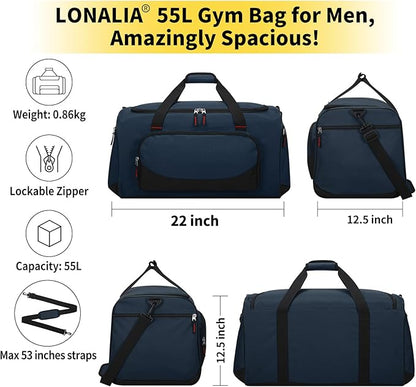 55L Large Sports Duffle Bag for Men - 22 inch Men's Gym Bag Heavy Duty Duffel Bag (Navy Blue)