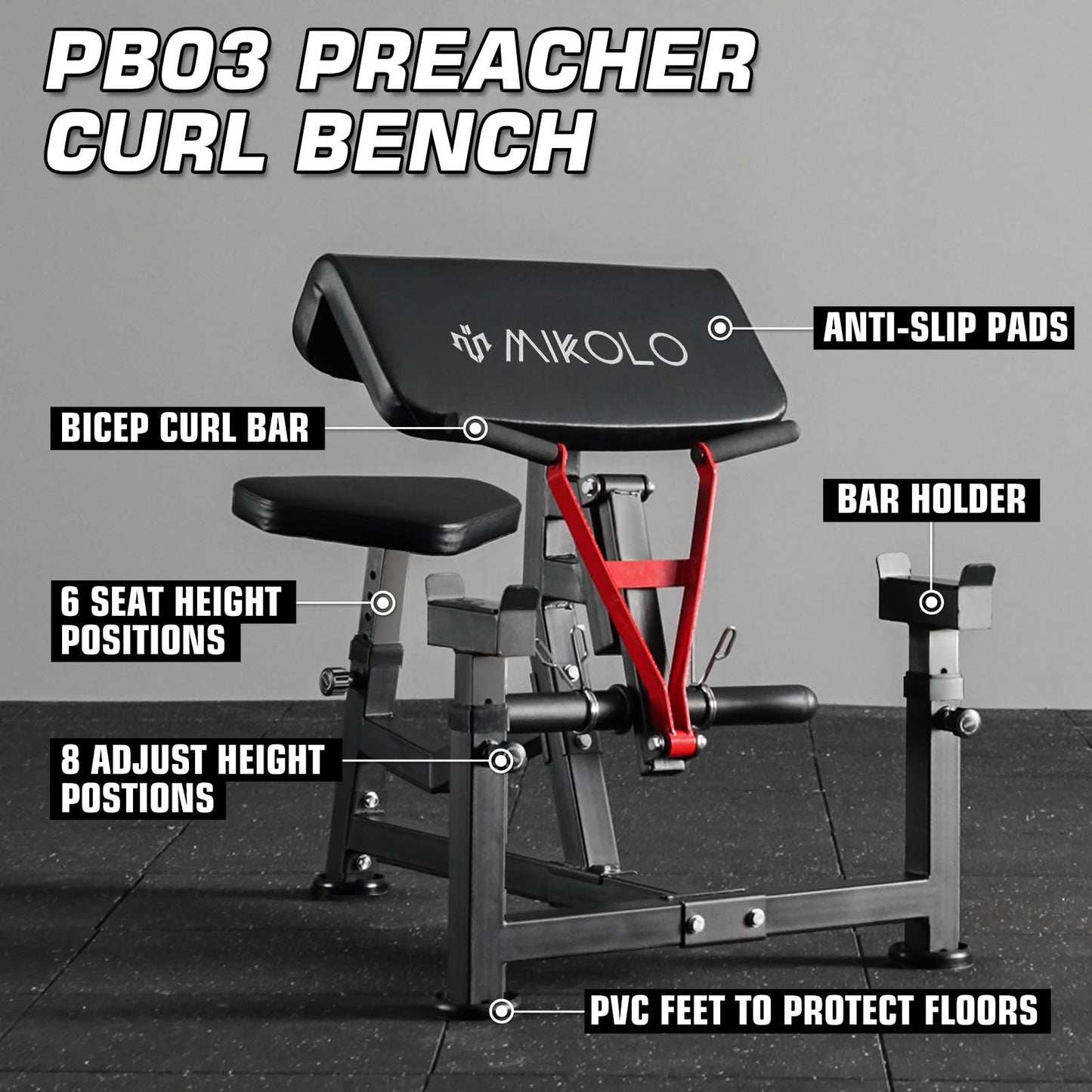 Mikolo Preacher Curl Bench, Plate Loaded Bicep Curl Machine, Bicep Workout Equipment，2 in 1 Arm