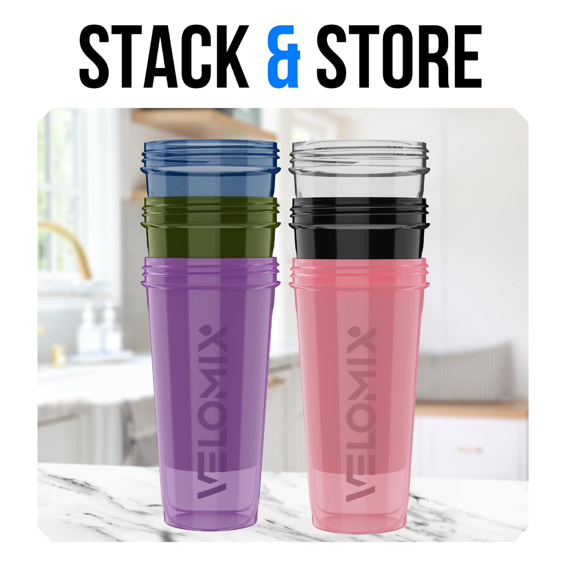 VELOMIX 6 Pack 28oz Shaker Cups for Protein Shakes, Blacks to Transparent