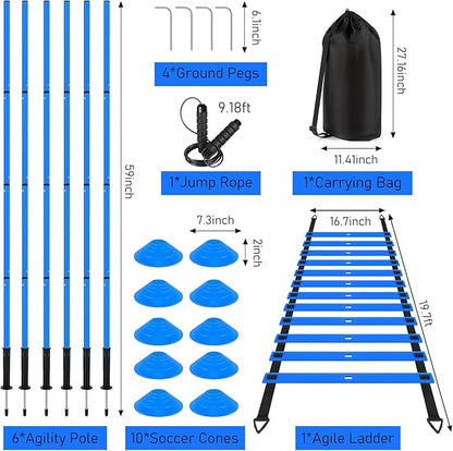 Soccer Agility Training Equipment: 6 Soccer Agility Poles, 20ft Agility Ladder, 10 Soccer Cones, 1 Jump Rope. Soccer Training Poles for Speed Training, Agility Training