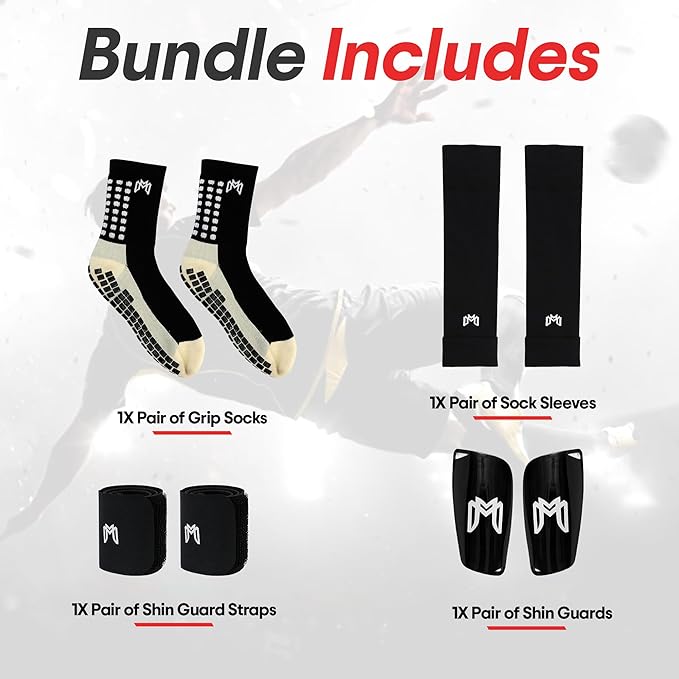 Soccer Grip Socks, Shin Guards, Pre Cut Sock Sleeves, and Guard Straps Bundle Pack - Essential Equipment for Soccer Players - for Mens, Women, Youth, Size 7 to 12 US Men Shoe Size