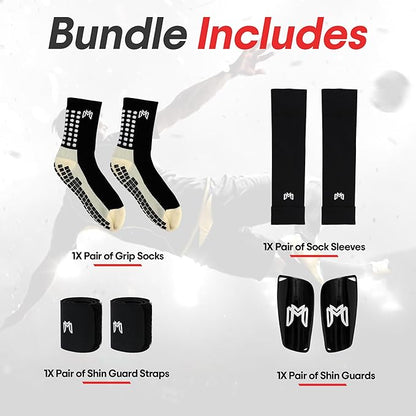 Soccer Grip Socks, Shin Guards, Pre Cut Sock Sleeves, and Guard Straps Bundle Pack - Essential Equipment for Soccer Players - for Mens, Women, Youth, Size 7 to 12 US Men Shoe Size