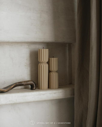 LAWA Spiral Spire Candle - Large Beautiful Handmade Pillar Scented Soy Wax Elegant Bubble Aesthetic Candle Housewarming Gift Home Room Shelf Decor Idea White (Set of 2, Sandstone)