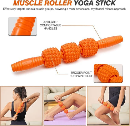 5 in 1 Foam Roller Set - Trigger Point Foam Back Roller, Muscle Roller Stick, Massage Ball, Stretching Band for Deep Muscle Massage Pilates Yoga,Fitness Exercise for Whole Body Release (Orange)