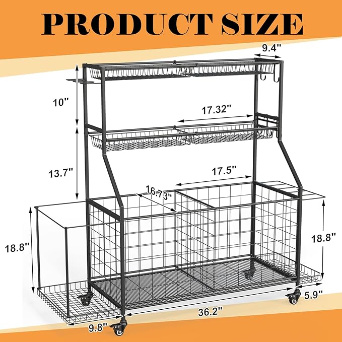 Sports Equipment Organizer, Garage Ball Storage Racks - Outdoor Toy Storage with 2 Side Racks & Removable Baskets, Heavy-Duty Garage Rolling Ball Cart with Wheels, Hooks for Sports Gear, Toys
