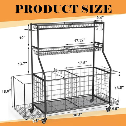 Sports Equipment Organizer, Garage Ball Storage Racks - Outdoor Toy Storage with 2 Side Racks & Removable Baskets, Heavy-Duty Garage Rolling Ball Cart with Wheels, Hooks for Sports Gear, Toys