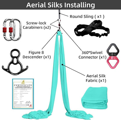 PRIOR FITNESS Aerial Silks Set, Professional Thicker Low Stretch Fabric 9/15/20 Yards Aerial Silk Swing Set with Hardware Guide, Yoga Starter Kit For Home, Aerial Yoga Hammock, Silks for Gymnastics, Antigravity Yoga, Inversion Exercise-All Levels