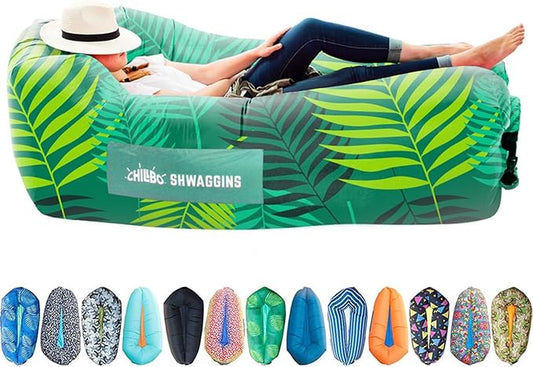 Chillbo Shwaggins Inflatable Couch – No-Pump Setup, Ripstop Polyester, Stability Pegs, Fun Prints