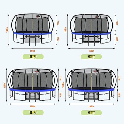 12 14 15 16FT Outdoor Trampolines for Kids and Adults, Pumpkin Trampolin with Curved Poles, Recreational Trampolin with Basketball Hoop and Safety Enclosure Net for Kids and Adults