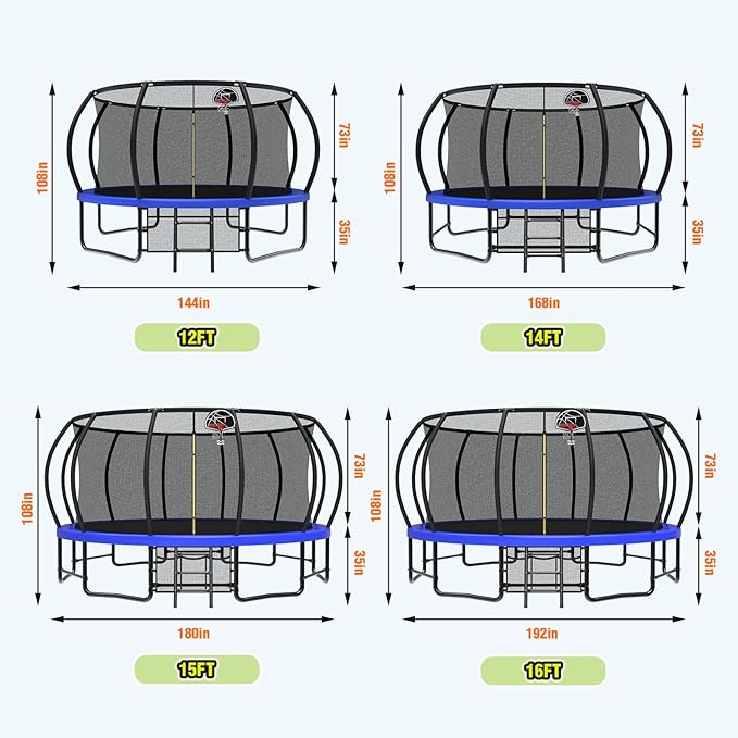 12 14 15 16FT Outdoor Trampolines for Kids and Adults, Pumpkin Trampolin with Curved Poles, Recreational Trampolin with Basketball Hoop and Safety Enclosure Net for Kids and Adults
