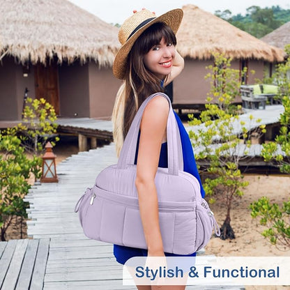 TOPDesign Travel Duffel Bag for Women, Puffer Gym Bag Sports Tote with Wet Pocket, Carry On Weekender with Luggage Sleeve (Light Purple)