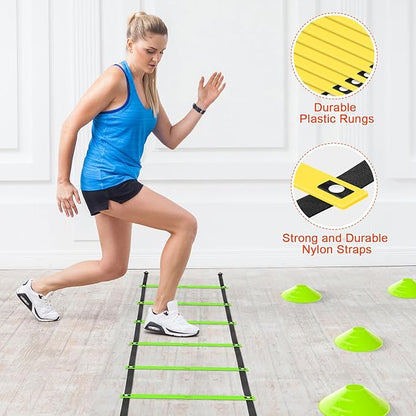 Agility Ladder Speed Training Equipment Set-20ft Agility Ladder,12 Soccer Cones,4 Hurdles, Jump Rope, Running Parachute| Basketball Football Soccer Training Equipment for Kids Youth Adults