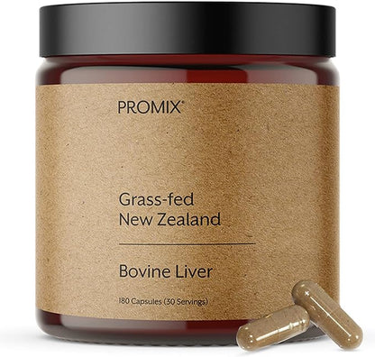 ProMix Nutrition Grass Fed Raw Beef Liver Supplement, Multivitamin - Bioavailable Vitamin A, B12, D3, Heme Iron - 180 Gelatin Capsules