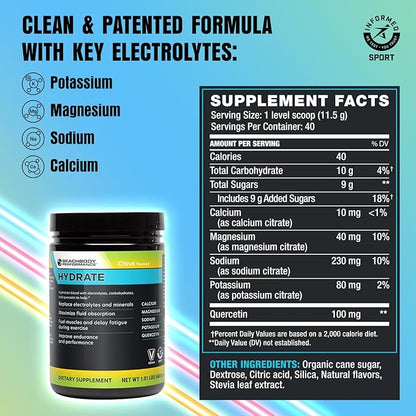 BODi Hydrate Performance Hydration Supplement, Quercetin Enriched Electrolyte Powder, 4 Key Electrolytes: Potassium, Magnesium, Sodium, Calcium - Supports Endurance & Fluid Balance, Citrus, 40 SRV