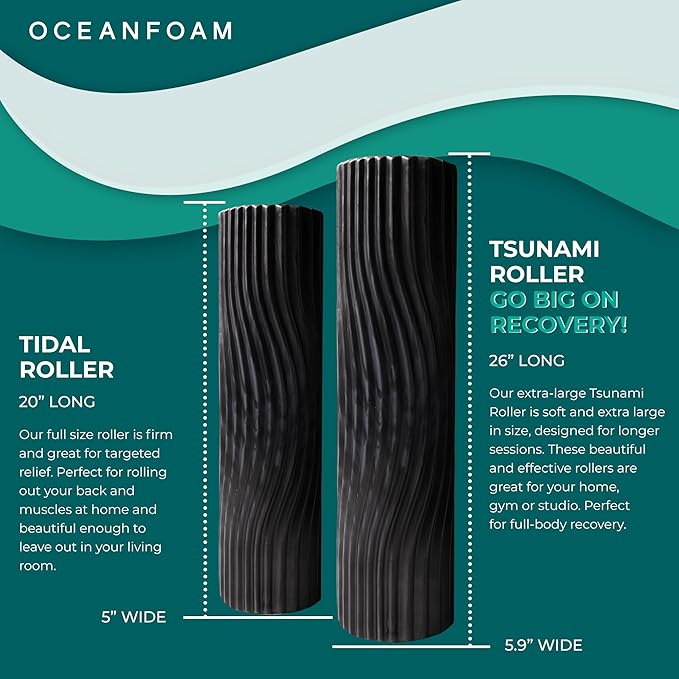 Oceanfoam Tsunami Roller (Black & Charcoal Marbled) - Soft, Textured Foam Roller for Physical Therapy, Back Pain, Exercise & Stretching - Wave Textured - Yoga, Wellness - Extra-Large 26" x 5.9"