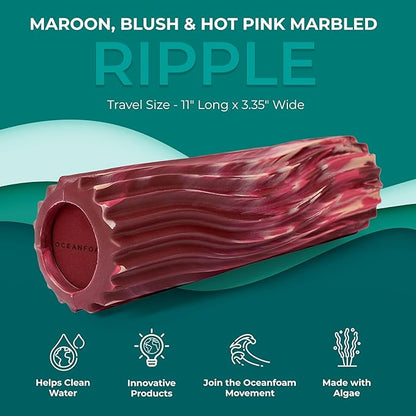 Oceanfoam Ripple Travel Foam Roller (11" x 3.35") Firm Mini Foam Roller for Physical Therapy, Deep Tissue Massage, Back Pain - High Density, Wave Textured - Yoga (Maroon, Blush & Hot Pink Marbled)
