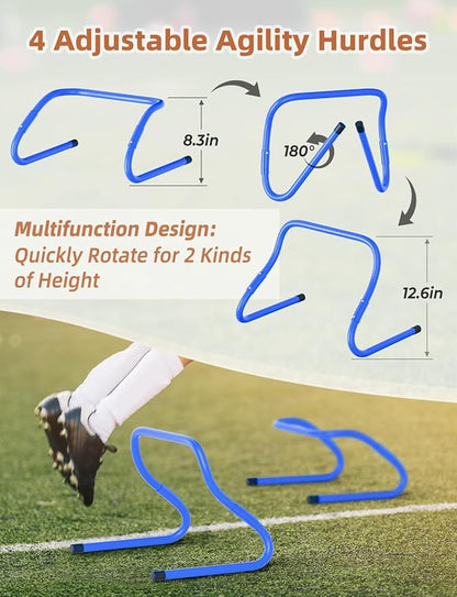 GHB Agility Ladder,Football Training Equipment Set,4 Agility Hurdles, 20 feet12 Rungs Speed Ladder,12 Disc Cones,Resistance Parachute, Jump Rope, 5 Resistance Bands