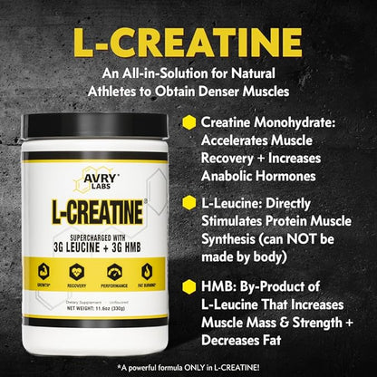L-CREATINE Supplement: Creatine Monohydrate w/Leucine Amino Acid and HMB – Supports Muscle Mass, Strength, Recovery & Performance + Reduce Fat – Vegan, 11oz (330g) Powder