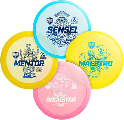Discmania Disc Golf Starter Kit (4 Pack) | Active Premium Beginner Disc Golf Set | Sensei, Maestro, Rockstar & Mentor | Premium Plastic, Easy to Throw | Ideal Gift for New Players (Colors May Vary)