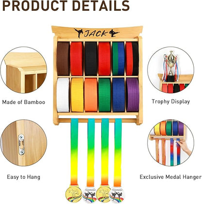 Tilhumt 12 Belts Karate Belt Display Rack with Trophy and Medal Display Rack, Taekwondo Belt Display Rack with Stickers, Martial Arts Belt Display for Kids and Adults