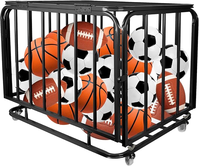 Sports Equipment Organizer Foldable Mental Sports Ball Storage Cart with Lid and Wheels Rolling Ball Cart for Gym, School, Indoor and Outdoor