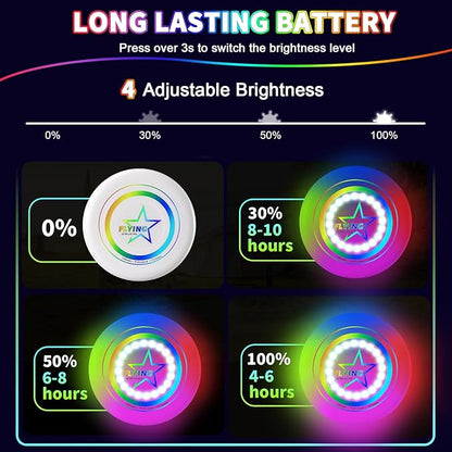 Pro Glow in the Dark Flying Disc for Kids Adults, 7 Lighting Smart Modes Flying Ring Toy for Outdoor Game, Camping Essentials for Kids/Teens/Boy/Girl, Safe, Waterproof, 175g, Lawn, Yard, Beach Toy