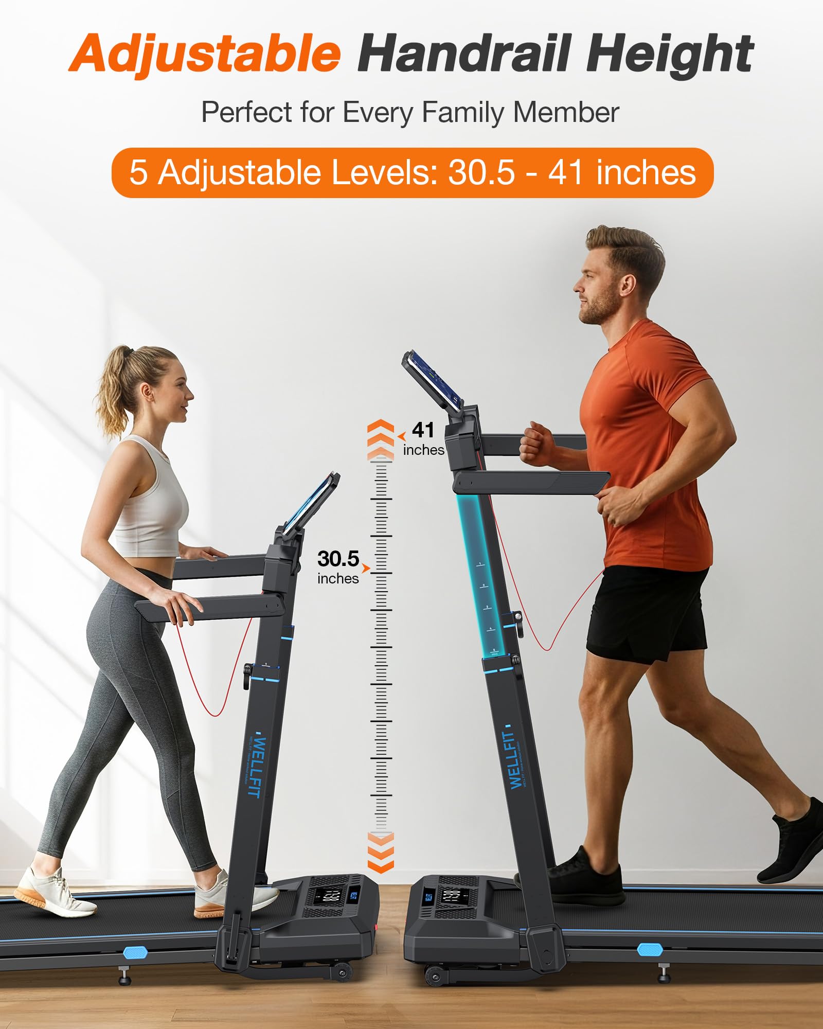 WELLFIT Foldable Treadmill with Auto Incline, 400+ LBS, Adjustable Height