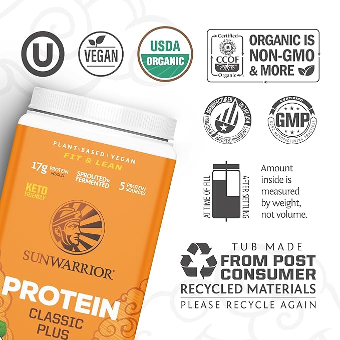 Sunwarrior - Classic Plus, Vegan Protein Powder with Peas & Brown Rice, Raw Organic Plant Based Protein, Chocolate, 30 Servings