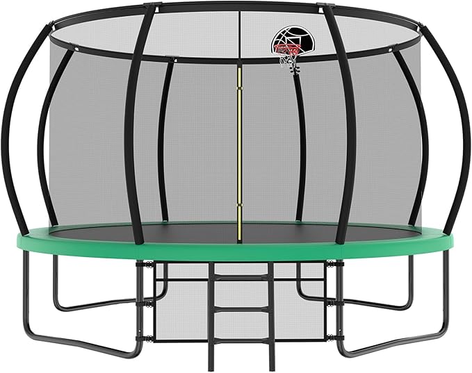12 14 15 16FT Outdoor Trampolines for Kids and Adults, Pumpkin Trampolin with Curved Poles, Recreational Trampolin with Basketball Hoop and Safety Enclosure Net for Kids and Adults