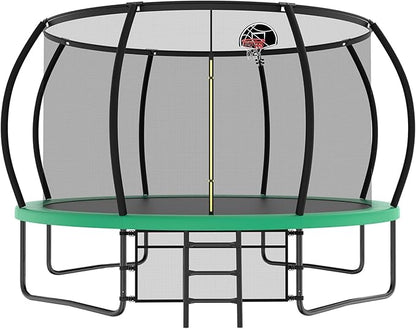 12 14 15 16FT Outdoor Trampolines for Kids and Adults, Pumpkin Trampolin with Curved Poles, Recreational Trampolin with Basketball Hoop and Safety Enclosure Net for Kids and Adults