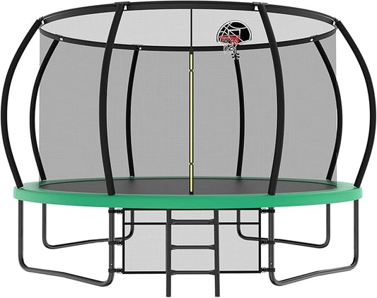 12 14 15 16FT Outdoor Trampolines for Kids and Adults, Pumpkin Trampolin with Curved Poles, Recreational Trampolin with Basketball Hoop and Safety Enclosure Net for Kids and Adults