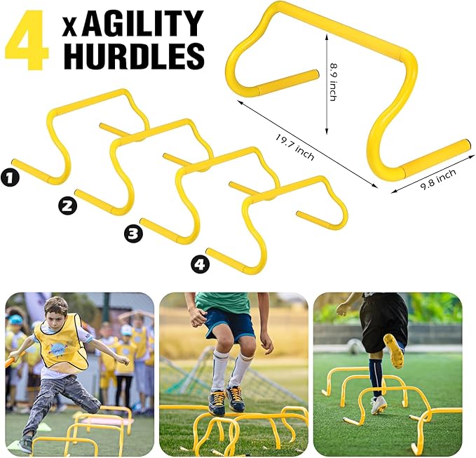 Soccer Training Equipment, Speed Agility Training Equipment for Kids Youth Adults, 20ft Agility Ladder, 4 Hurdles, Jump Rope, 12 Soccer Cones, Running Parachute, Football Training Equipment