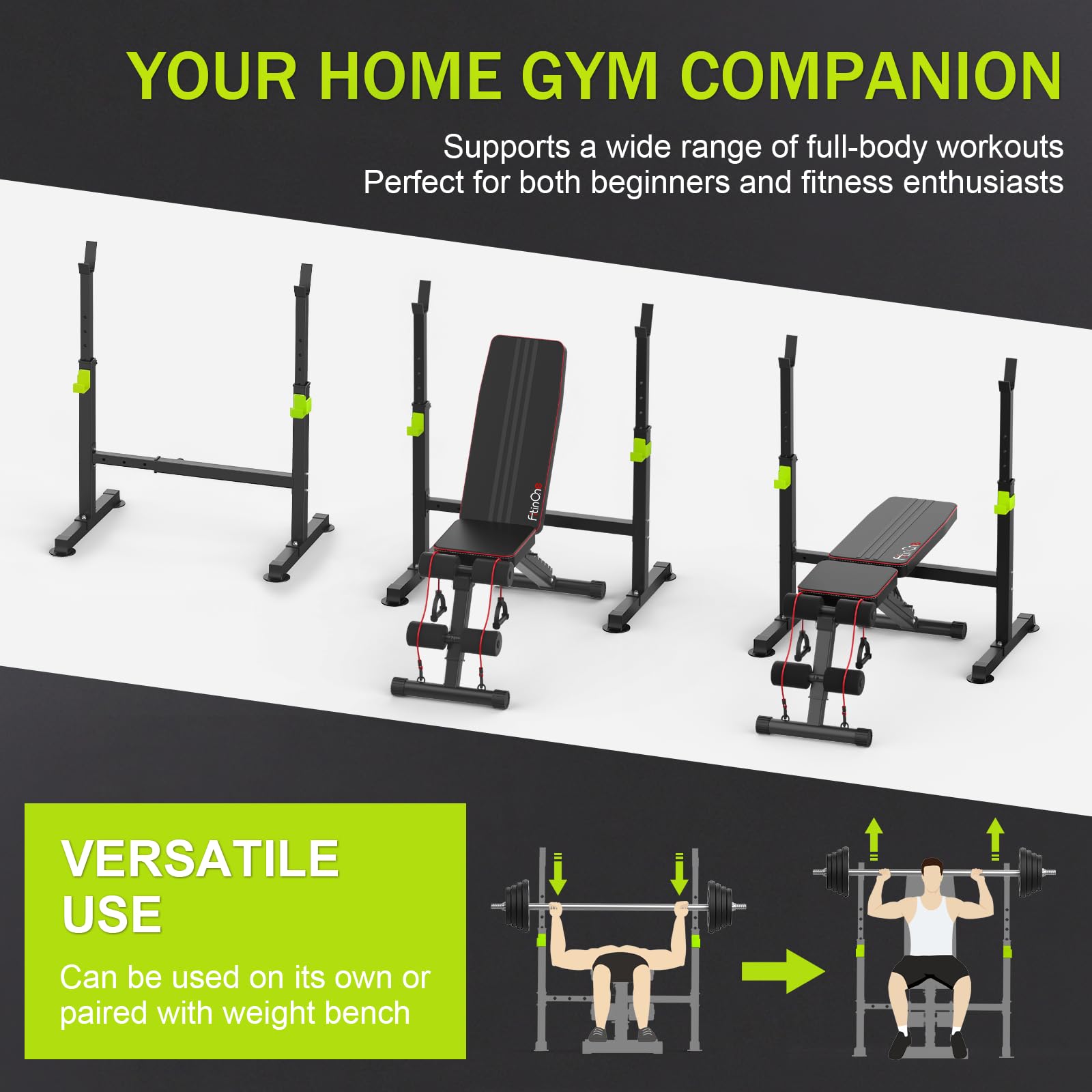 FitinOne Squat Rack, Height-Adjustable Dumbbell Rack for Home Gym, Multi-Function Barbell Rack