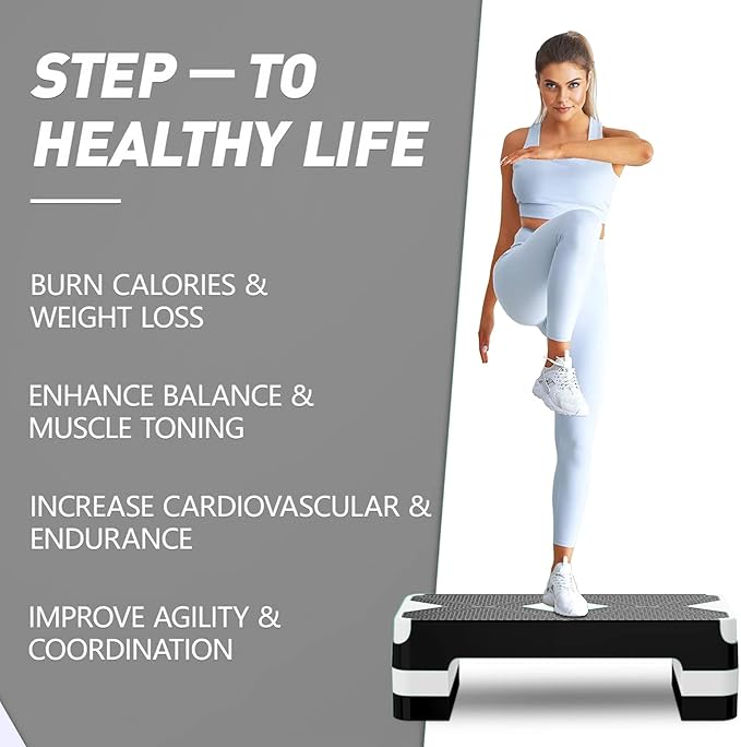 Aerobic Exercise Step, Adjustable Aerobic Stepper for Exercise, Workout Step Platform for Step Up, 26.5" Step Deck with 4??6??8??Adjustable Height Risers, Women Home Gym Cardio Fitness