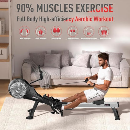 JOROTO Rowing Machine for Home Foldable, Air Magnetic Rowing Machines with 10-Level Adjustable Resistance, Quiet Ergonomic Seat，Bluetooth App, Max 350LBS, Space-Saving Home Gym, Gray
