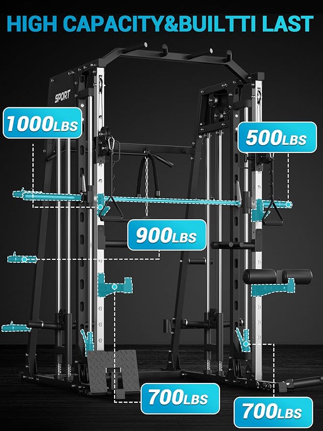 Smith Machine, Power Cage Squat Rack with Cable Crossover, Dual Pulley System, Pull-Up Bar, Home Gym Workout Equipment with Attachments for Strength Training and Weightlifting