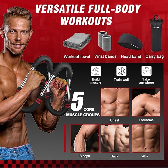 Twister Arm Trainer, Adjustable Chest Workout Equipment, Multi-functional Chest Exerciser for Men and Women, Portable Arm Trainer with 2 Wrist Bands, a Head Band, a Workout Towel and a Carry Bag