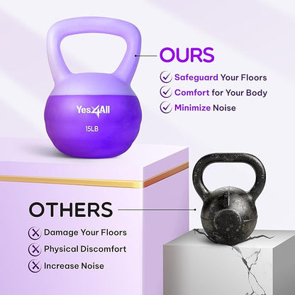 Yes4All Soft Kettlebell, PVC Kettlebells Exercise Weights & Color-Coded Strength Training Kettlebells with 4 Options (5,10,15,20lb), Gentle Hand Weights for Women at Home