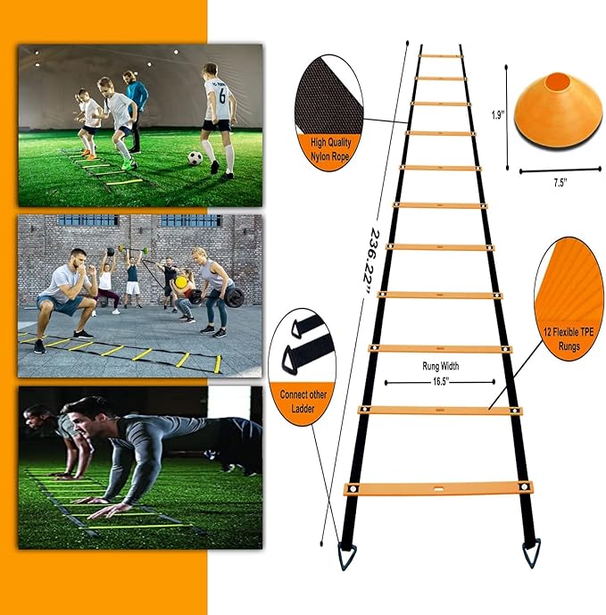 Agility Ladder Speed Agility Training Equipment,1 Agility Ladder 20ft,4 Hurdles,Training Soccer Cones,Jump Rope,Running Parachute, Agility Training Equipment for Kids Youth Adul