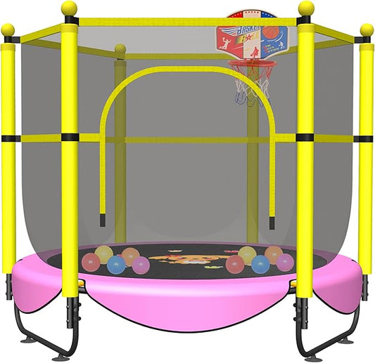60" Trampoline for Kids, 5 FT Indoor & Outdoor Toddler Baby Trampoline with Basketball Hoop, Safety Enclosure, Birthday Gifts for Kids, Gifts for Boy and Girl, Age 3-8