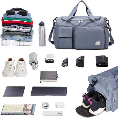 Travel Duffel Tote Bag with Dry Wet Separation Pocket, Weekender Bag for Women and Men，Waterproof Bag with Shoe Compartment Lightweight and Easy Carry on Blue