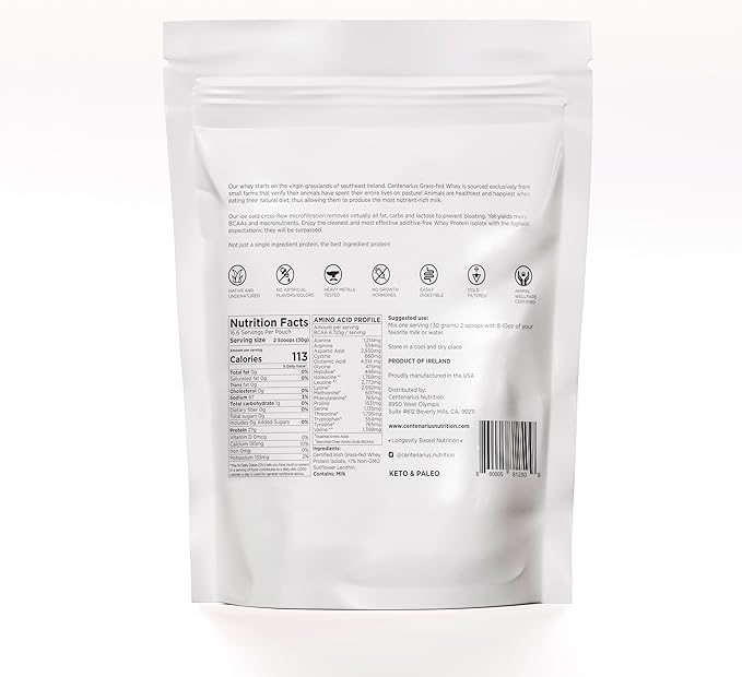 Centenarius Nutrition Grass Fed Whey Protein Unflavored Powder 500g with Natural Amino Acids for Optimized Muscle Growth, Recovery & Efficiency - Cold-Filtered, No Additives or Hormones
