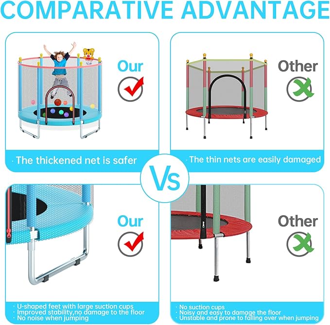 55" Trampoline for Kids, Telawah Indoor/Outdoor Mini Baby with Safety Enclosure Net, Adjustable Toddler with Basketball Hoop, Gifts for Boys & Girls